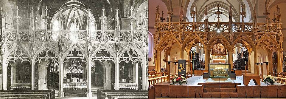 St. Stephan in Breisach. Vor und nach der Veränderung des Lettner in der 50er-Jahren des 20. Jahrhunderts. 