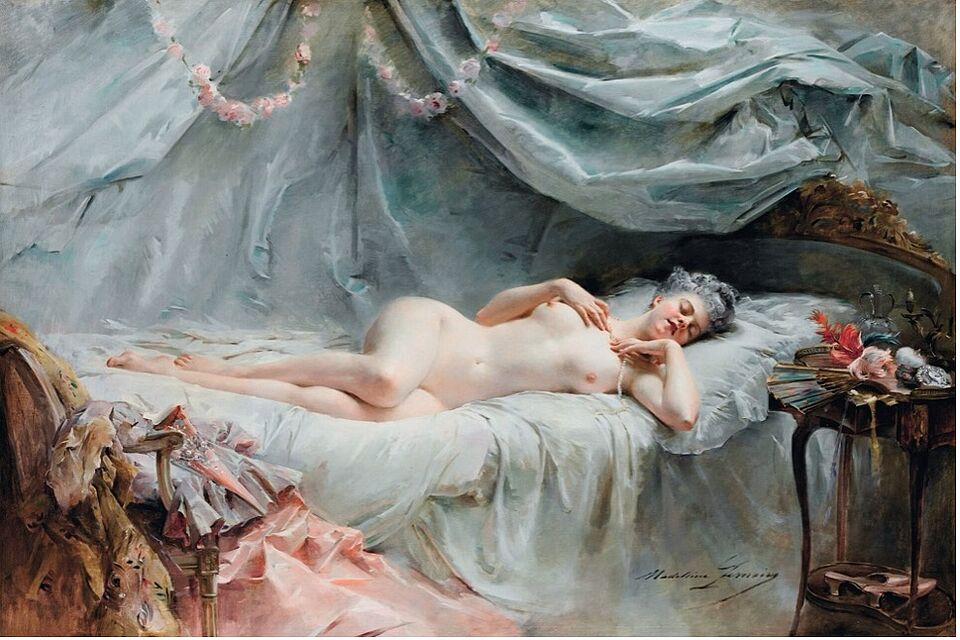 Madeleine Lemaire, Le Sommeil de Manon, ca. 1906, oil on canvas, 106 x 158 cm. Private collection; Wikimedia Commons.