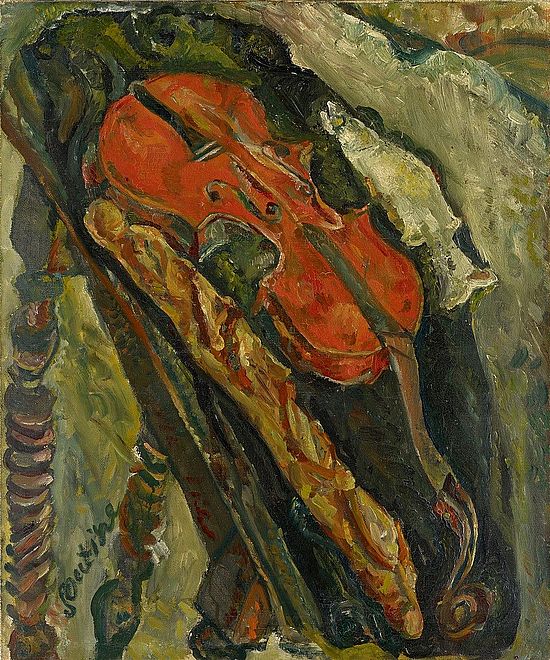 Chaïm Soutine, Nature morte au violon, pain et poisson, um 1922, Öl auf Leinwand, 65 x 54 cm, Basel, Stiftung im Obersteg, Depositum Kunstmuseum Basel.