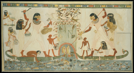 Menna and Family Hunting in the Marshes. Copied from the Tomb of Menna by Nina de Garis Davies.